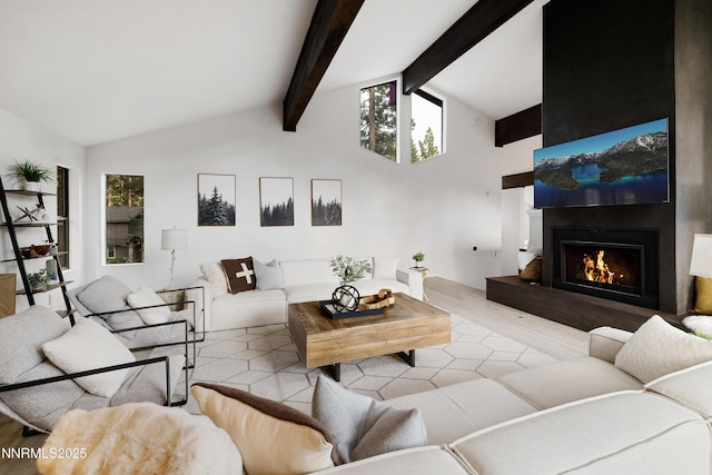 960 Apollo Way, Incline Village, NV 89451 - living room with beam ceiling, wood finished floors, a fireplace, and high vaulted ceiling