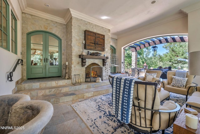 3820 Frost Ln, Reno, NV 89511 - view of patio featuring french doors and an outdoor living space with a fireplace