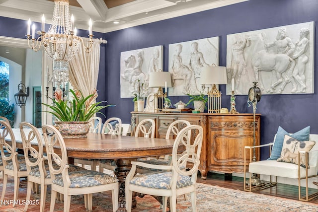 3820 Frost Ln, Reno, NV 89511 - dining space featuring a chandelier, ornamental molding, wood finished floors, coffered ceiling, and beamed ceiling