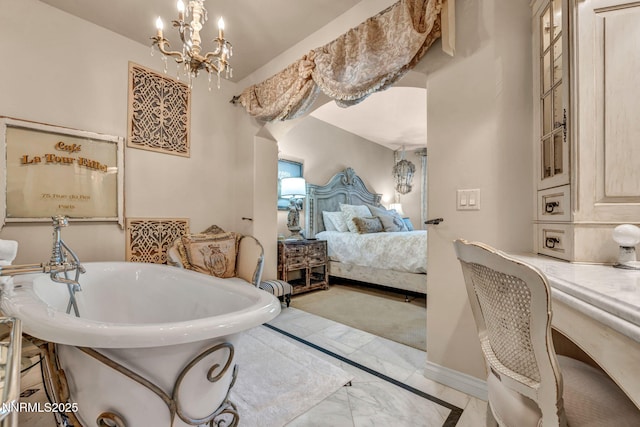 3820 Frost Ln, Reno, NV 89511 - bathroom featuring ensuite bathroom, a soaking tub, marble finish flooring, and a chandelier