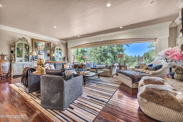 3820 Frost Ln, Reno, NV 89511 - living room with hardwood / wood-style floors, recessed lighting, ornamental molding, and a fireplace