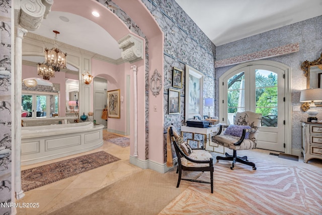 3820 Frost Ln, Reno, NV 89511 - office space featuring arched walkways, french doors, a chandelier, ornate columns, and wallpapered walls