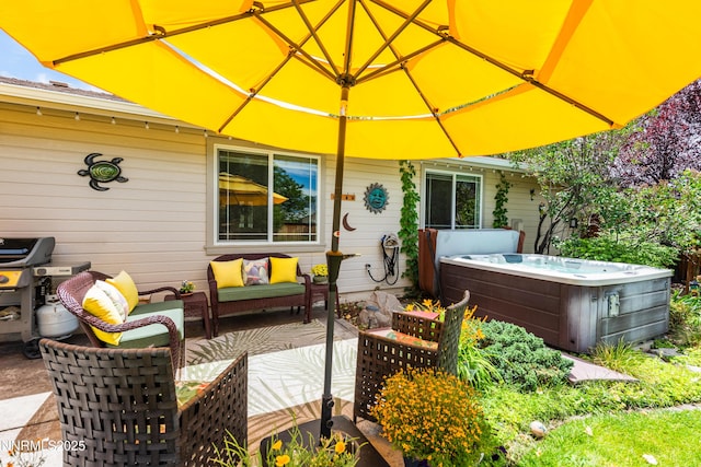644 Carmel Way, Gardnerville, NV 89460 - view of patio / terrace with a hot tub, an outdoor hangout area, and grilling area