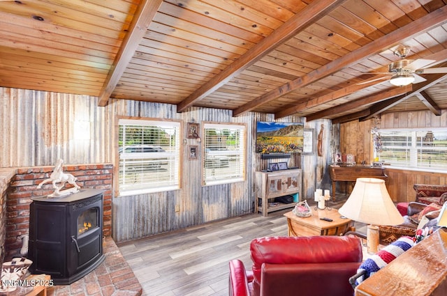 4525 Schurz Hwy, Fallon, NV 89406 - living area with hardwood / wood-style flooring, a wood stove, wood walls, wood ceiling, and ceiling fan