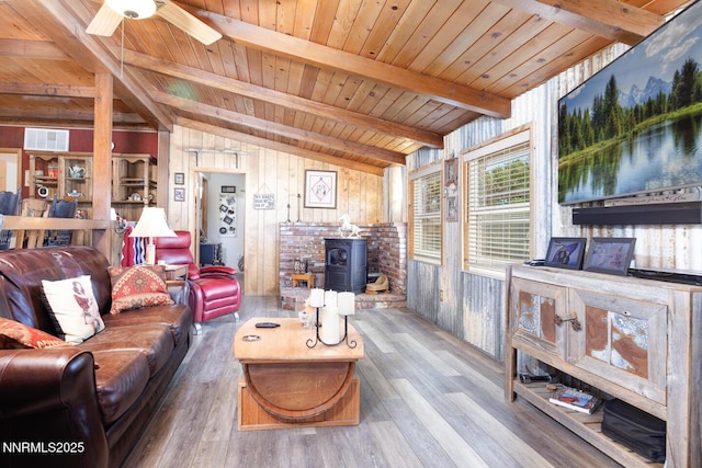 4525 Schurz Hwy, Fallon, NV 89406 - living area with a wood stove, wood walls, wood finished floors, wood ceiling, and a ceiling fan