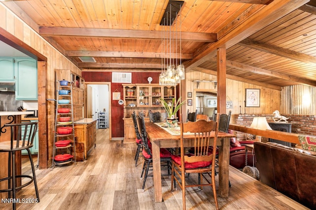 4525 Schurz Hwy, Fallon, NV 89406 - dining room with light wood-type flooring, a wood ceiling with exposed beams, wood walls, and a chandelier