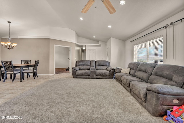 8030 Verde Ct, Winnemucca, NV 89445 - living room featuring light tile patterned floors, a chandelier, recessed lighting, a ceiling fan, and vaulted ceiling