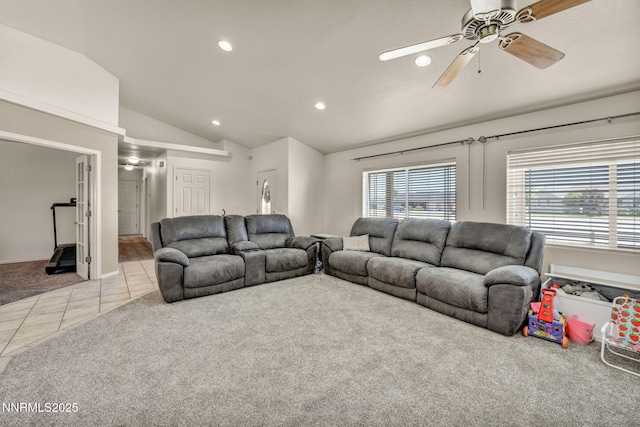 8030 Verde Ct, Winnemucca, NV 89445 - living room with lofted ceiling, carpet, tile patterned floors, recessed lighting, and a ceiling fan