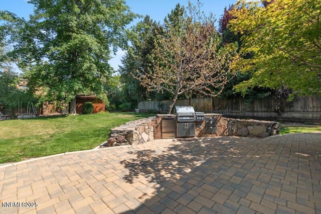 2126 Thomas Jefferson Dr, Reno, NV 89509 - fenced backyard featuring an outdoor kitchen, a patio, and an outbuilding