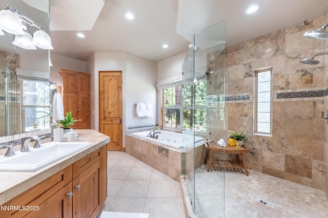 48 Rose Creek Ln, Reno, NV 89511 - full bath with a stall shower, vanity, a garden tub, recessed lighting, and tile patterned flooring