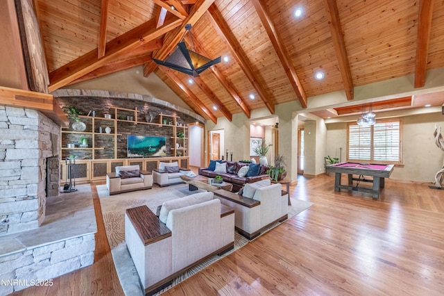48 Rose Creek Ln, Reno, NV 89511 - living room with a wood ceiling with exposed beams, wood finished floors, high vaulted ceiling, and pool table