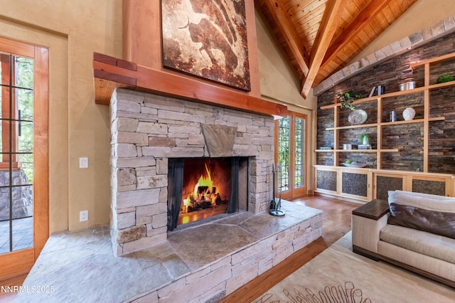 48 Rose Creek Ln, Reno, NV 89511 - living area with wooden ceiling, a fireplace, wood finished floors, and built in features