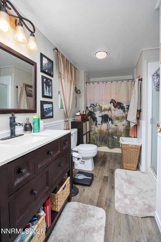 6297 Cox Rd, Fallon, NV 89406 - bathroom featuring wood finished floors, vanity, and curtained shower