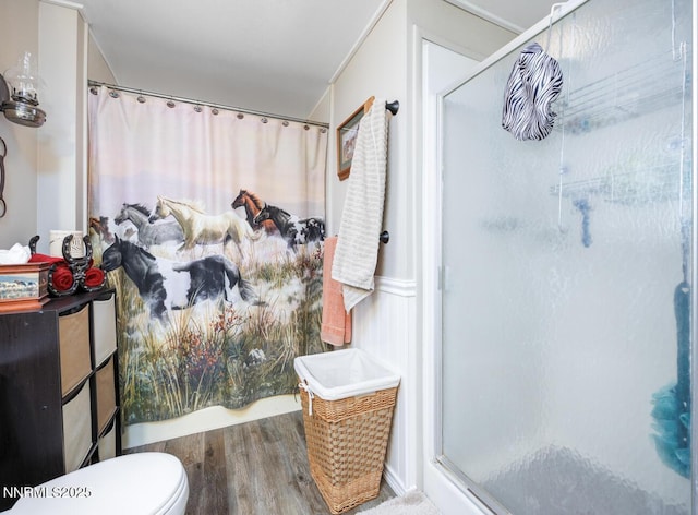6297 Cox Rd, Fallon, NV 89406 - bathroom featuring wood finished floors and a shower stall