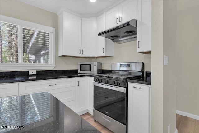 1094 Johnson Blvd, South Lake Tahoe, CA 96150 - kitchen featuring stainless steel appliances, under cabinet range hood, light wood finished floors, dark stone counters, and white cabinets