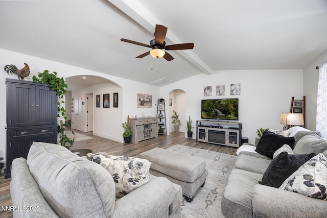 776 Kinsli St, Fallon, NV 89406 - living room with arched walkways, a ceiling fan, wood finished floors, and recessed lighting