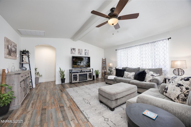 776 Kinsli St, Fallon, NV 89406 - living room with arched walkways, wood finished floors, and a ceiling fan