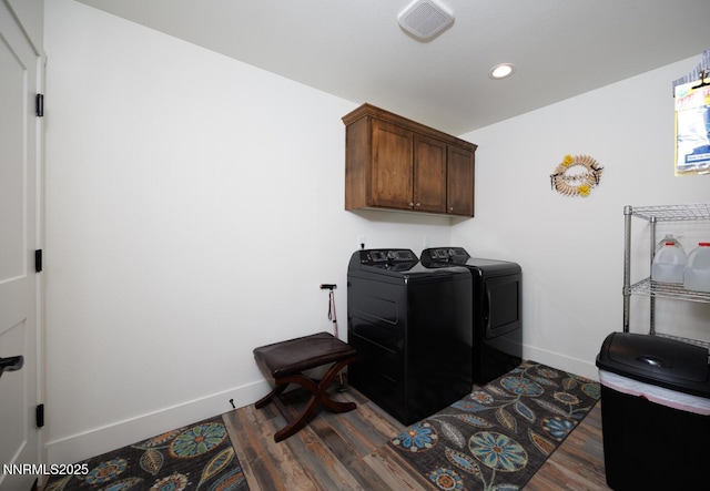 776 Kinsli St, Fallon, NV 89406 - washroom with cabinet space, washing machine and dryer, dark wood-style flooring, and recessed lighting