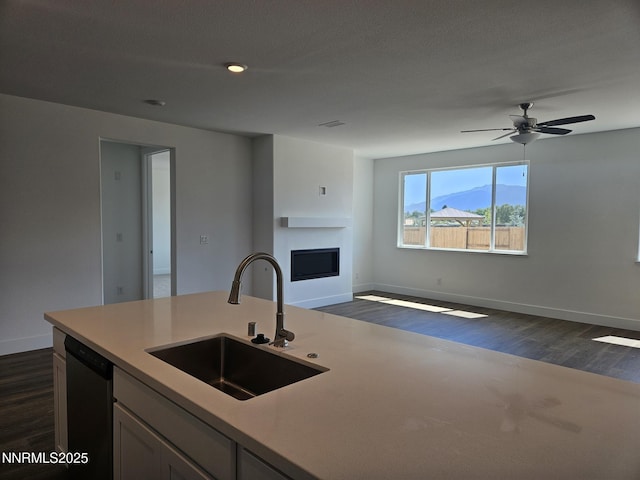 1219 Heybourne Rd, Gardnerville, NV 89410 - kitchen with stainless steel dishwasher, dark wood finished floors, a fireplace, light countertops, and open floor plan