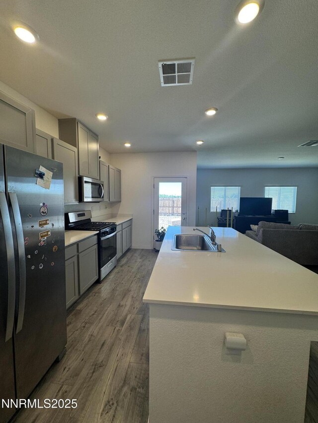 427 Agate Ln, Fallon, NV 89406 - kitchen with appliances with stainless steel finishes, gray cabinetry, dark wood-style floors, healthy amount of natural light, and recessed lighting