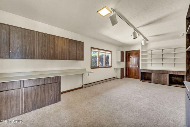 1405 Primrose Ln, Minden, NV 89423 - unfurnished living room with baseboard heating, light carpet, and rail lighting