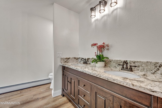 1405 Primrose Ln, Minden, NV 89423 - full bath featuring a baseboard heating unit, wood finished floors, and double vanity