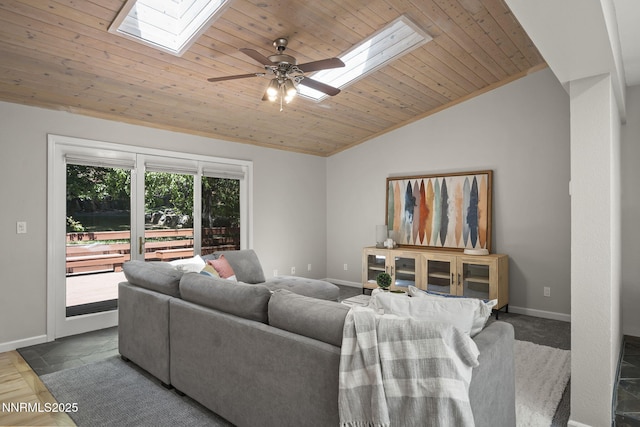 1705 Blue Spruce Rd, Reno, NV 89511 - living room with a skylight, wood ceiling, vaulted ceiling, and a ceiling fan