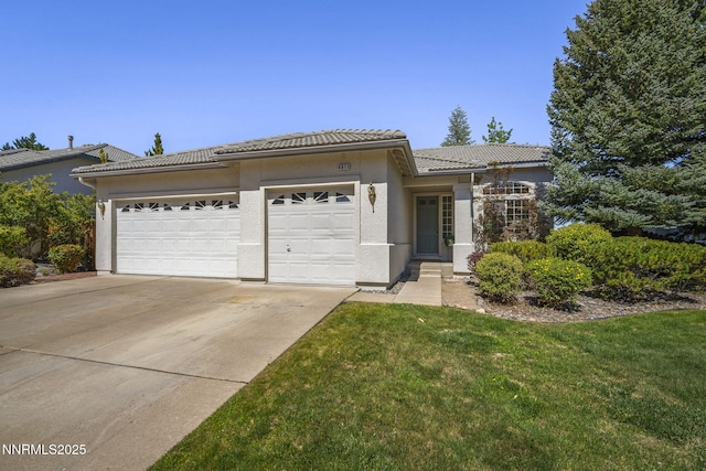 4811 Elkcreek Trl, Reno, NV 89519 - ranch-style house with an attached garage, driveway, a tiled roof, stucco siding, and a front yard