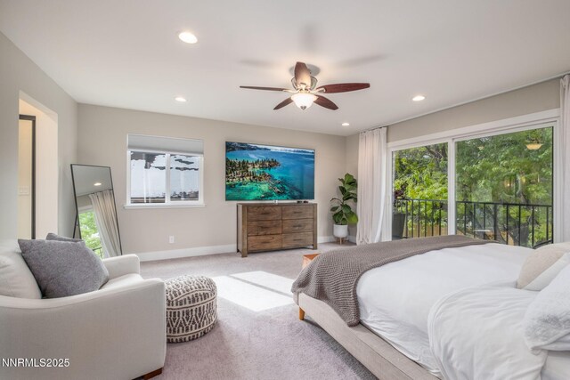 3390 Thornhill Dr, Reno, NV 89509 - bedroom featuring light colored carpet, multiple windows, recessed lighting, access to exterior, and ceiling fan