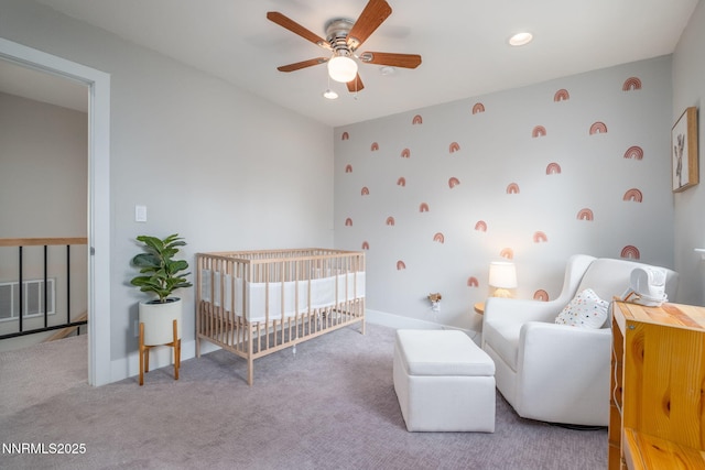 3390 Thornhill Dr, Reno, NV 89509 - carpeted bedroom featuring a crib, ceiling fan, and recessed lighting