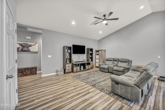 776 Great Basin Ln, Fallon, NV 89406 - living room with vaulted ceiling, ceiling fan, wood finished floors, and recessed lighting