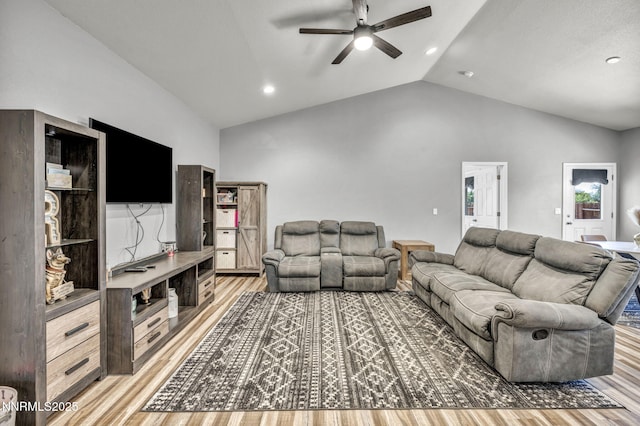 776 Great Basin Ln, Fallon, NV 89406 - living room featuring ceiling fan, light wood finished floors, high vaulted ceiling, and recessed lighting