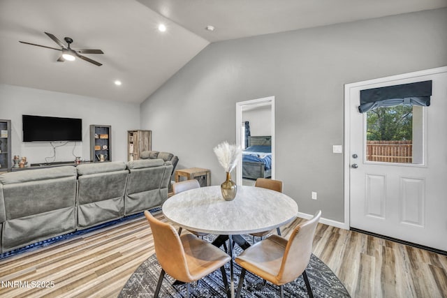 776 Great Basin Ln, Fallon, NV 89406 - dining room featuring lofted ceiling, a ceiling fan, wood finished floors, and recessed lighting