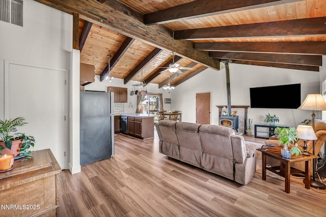 1419 Leonard Rd, Gardnerville, NV 89460 - living area featuring a wooden ceiling with exposed beams, light wood-style floors, ceiling fan, a wood stove, and high vaulted ceiling