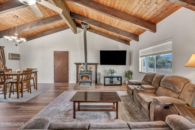 1419 Leonard Rd, Gardnerville, NV 89460 - living area featuring wood finished floors, a wood ceiling with exposed beams, ceiling fan, a chandelier, and a wood stove