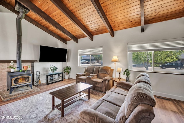 1419 Leonard Rd, Gardnerville, NV 89460 - living area featuring a wood stove, wooden ceiling, and wood finished floors