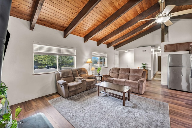 1419 Leonard Rd, Gardnerville, NV 89460 - living room featuring ceiling fan, wood finished floors, a wood ceiling with exposed beams, and high vaulted ceiling