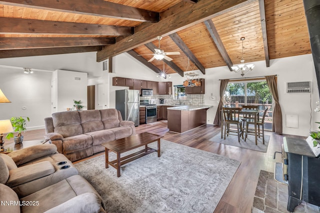 1419 Leonard Rd, Gardnerville, NV 89460 - living area with a wood ceiling with exposed beams, light wood-style flooring, a ceiling fan, high vaulted ceiling, and a chandelier