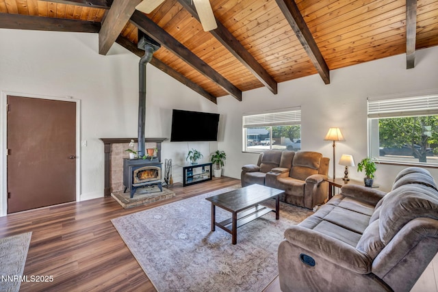 1419 Leonard Rd, Gardnerville, NV 89460 - living room featuring a wood stove, wood finished floors, a wooden ceiling with exposed beams, and high vaulted ceiling