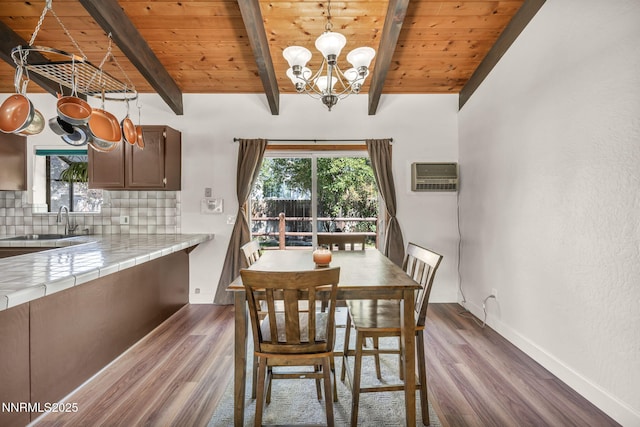 1419 Leonard Rd, Gardnerville, NV 89460 - dining space featuring a chandelier, healthy amount of natural light, dark wood-type flooring, and a wooden ceiling with exposed beams
