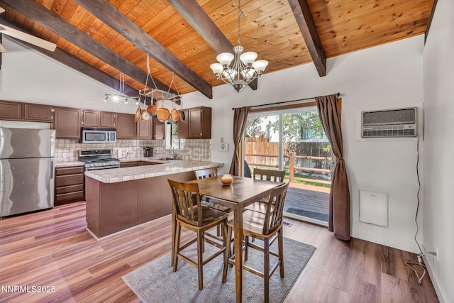 1419 Leonard Rd, Gardnerville, NV 89460 - dining space with a wall mounted AC, wooden ceiling, a chandelier, and light wood-type flooring