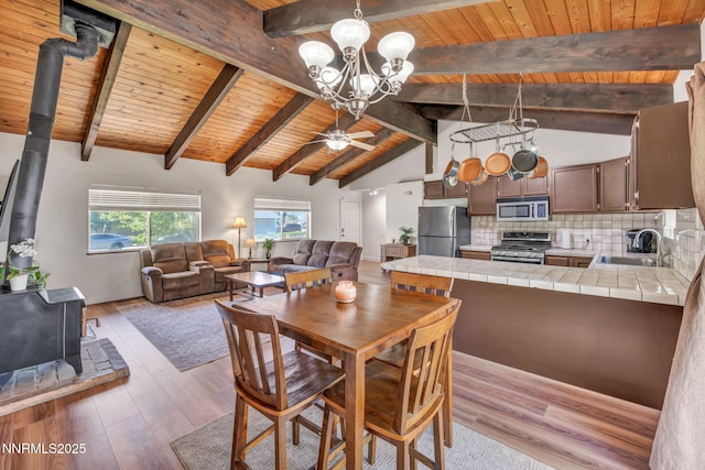 1419 Leonard Rd, Gardnerville, NV 89460 - dining room with a wood stove, wooden ceiling, a ceiling fan, a chandelier, and light wood-type flooring