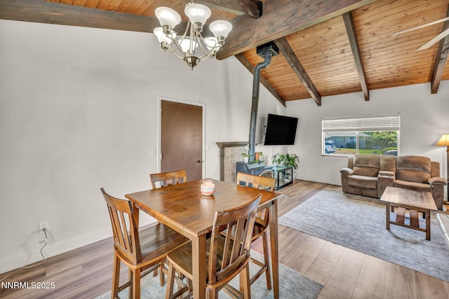1419 Leonard Rd, Gardnerville, NV 89460 - dining room with a wood stove, wooden ceiling, a chandelier, and wood finished floors