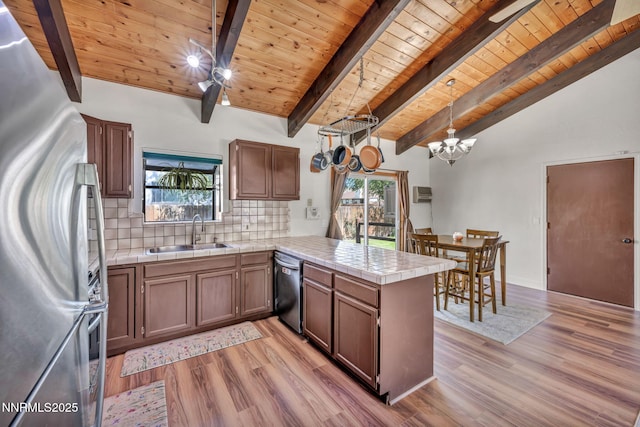 1419 Leonard Rd, Gardnerville, NV 89460 - kitchen featuring appliances with stainless steel finishes, wooden ceiling, a peninsula, tile countertops, and backsplash