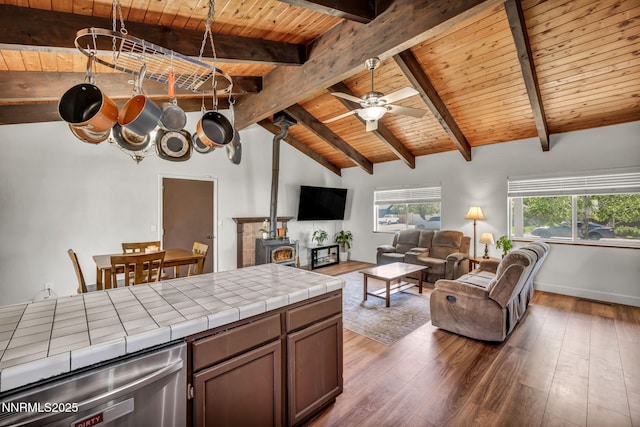 1419 Leonard Rd, Gardnerville, NV 89460 - kitchen with tile countertops, wooden ceiling, a wood stove, dark wood-type flooring, and stainless steel dishwasher