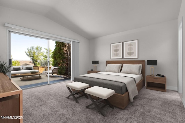 2240 Silver Ridge Dr, Reno, NV 89509 - bedroom featuring access to outside, carpet flooring, and lofted ceiling