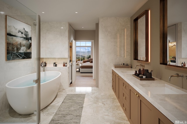 323 Tramway Dr # 301, Stateline, NV 89449 - ensuite bathroom featuring double vanity, marble tiled floors, a soaking tub, recessed lighting, and a shower