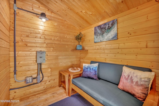 116 Cypress Way, Stateline, NV 89449 - sitting room with wooden ceiling, wood walls, lofted ceiling, and a sauna