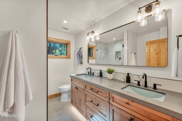 116 Cypress Way, Stateline, NV 89449 - full bath featuring double vanity, a marble finish shower, tile patterned flooring, and recessed lighting