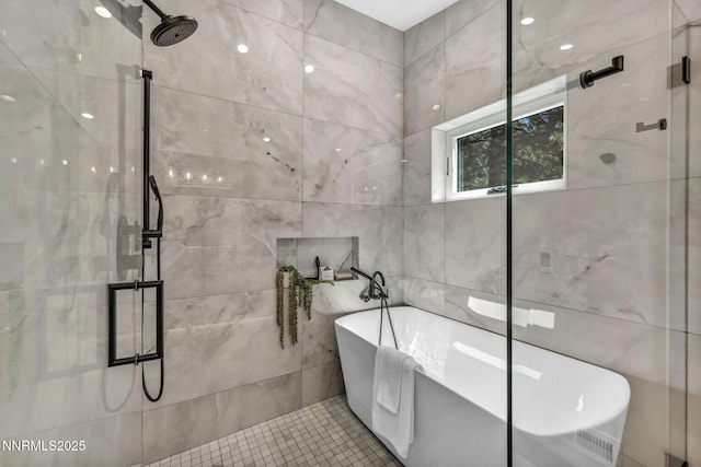 116 Cypress Way, Stateline, NV 89449 - full bathroom with a shower stall, tile walls, and a freestanding bath